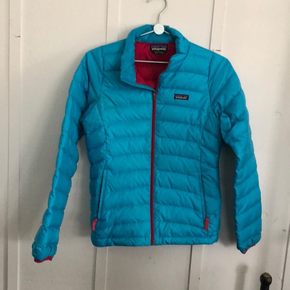 Kids Aqua/Pink Patagonia Sweater Down Jacket